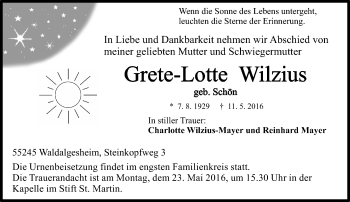 Traueranzeige von Grete-Lotte Wilzius von  Allgemeine  Zeitung Ingelheim-Bingen