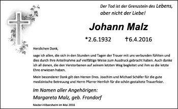 Traueranzeige von Johann Malz von  Allgemeine  Zeitung Ingelheim-Bingen