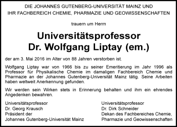 Traueranzeige von Wolfgang Liptay von  Allgemeine Zeitung Mainz