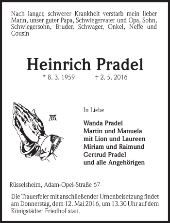 Traueranzeige von Heinrich Pradel von  Mainspitze Traueranzeige von Heinrich Pradel von  Mainspitze