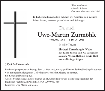 Traueranzeige von Uwe-Martin Zurmöhle von  Allg. Zeitung Bad Kreuznach