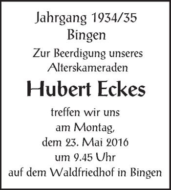 Traueranzeige von Hubert Eckes von  Allgemeine  Zeitung Ingelheim-Bingen
