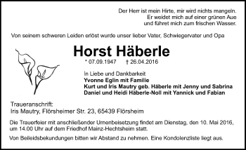 Traueranzeige von Horst Häberle von  Allgemeine Zeitung Mainz