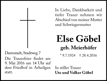 Traueranzeige von Else Göbel von Trauerportal Echo Online