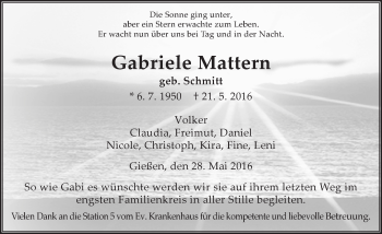 Traueranzeige von Gabriele Mattern von  Gießener Anzeiger