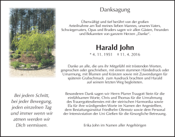 Traueranzeige von Harald John von  Gießener Anzeiger