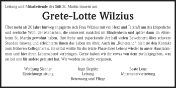 Traueranzeige von Grete-Lotte Wilzius von  Allgemeine  Zeitung Ingelheim-Bingen