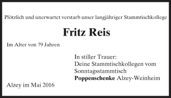Traueranzeige von Fritz Reis von  Allgemeine Zeitung Alzey