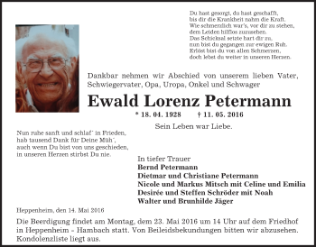 Traueranzeige von Ewald Lorenz Petermann von Trauerportal Echo Online
