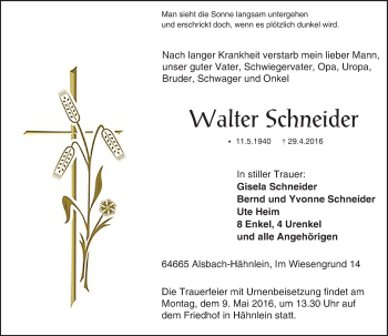 Traueranzeige von Walter Schneider von Trauerportal Echo Online