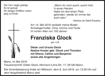 Traueranzeige von Franziska Glock von  Allgemeine Zeitung Mainz