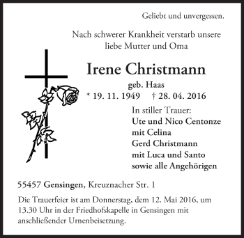 Traueranzeige von Irene Christmann von  Allgemeine  Zeitung Ingelheim-Bingen