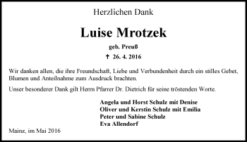 Traueranzeige von Luise Mrotzek von  Allgemeine Zeitung Mainz