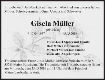 Traueranzeige von Gisela Müller von  Allgemeine Zeitung Mainz