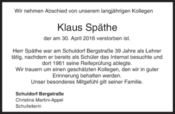 Traueranzeige von Klaus Späthe von Trauerportal Echo Online