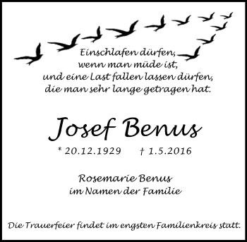 Traueranzeige von Josef Benus von  Wiesbaden komplett