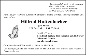 Traueranzeige von Hiltrud Hottenbacher von  Wormser Zeitung