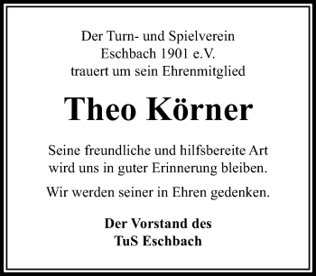 Traueranzeige von Theo Körner von  Usinger Anzeiger