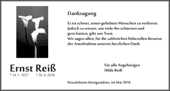 Traueranzeige von Ernst Reiß von  Mainspitze