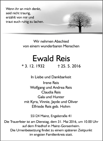 Traueranzeige von Ewald Reis von  Allgemeine Zeitung Mainz Traueranzeige von Ewald Reis von  Allgemeine Zeitung Mainz