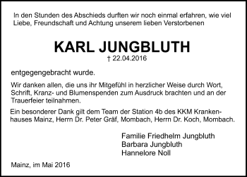 Traueranzeige von Karl Jungbluth von  Allgemeine Zeitung Mainz