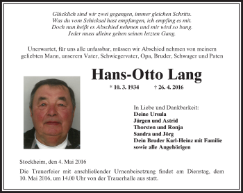 Traueranzeige von Hans-Otto Lang von  Kreisanzeiger