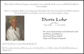 Traueranzeige von Doris Lohr von Trauerportal Echo Online