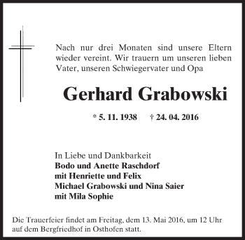 Traueranzeige von Gerhard Graboswki von  Wormser Zeitung
