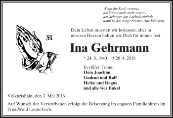 Traueranzeige von Ina Gehrmann von VRM Trauer