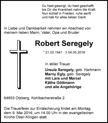 Traueranzeige von Robert Seregely von Trauerportal Echo Online