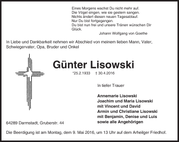 Traueranzeige von Günter Lisowski von Trauerportal Echo Online