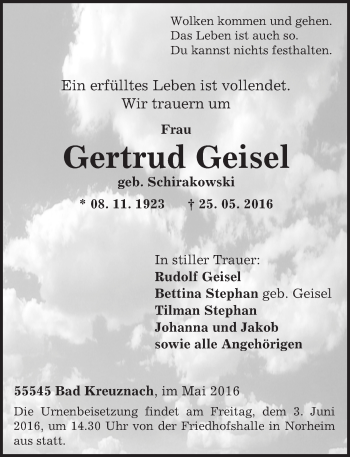 Traueranzeige von Gertrud Geisel von  Allg. Zeitung Bad Kreuznach