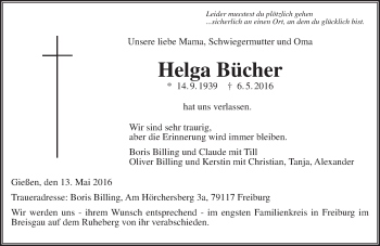 Traueranzeige von Helga Bücher von  Gießener Anzeiger