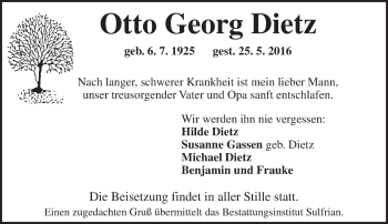 Traueranzeige von Otto Georg Dietz von  Allgemeine Zeitung Alzey