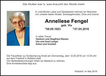 Traueranzeige von Anneliese Fengel von Trauerportal Echo Online