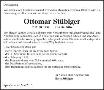 Traueranzeige von Ottomar Stübiger von  Allgemeine Zeitung Alzey