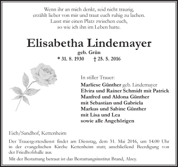 Traueranzeige von Elisabetha Lindemayer von  Allgemeine Zeitung Alzey