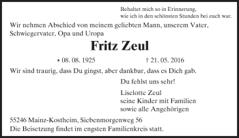 Traueranzeige von Fritz Zeul von  Allgemeine Zeitung Mainz Traueranzeige von Fritz Zeul von  Allgemeine Zeitung Mainz