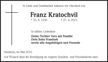 Traueranzeige von Franz Kratochvil von Trauerportal Echo Online