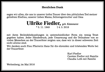 Traueranzeige von Ullrike Fiedler von  Gießener Anzeiger