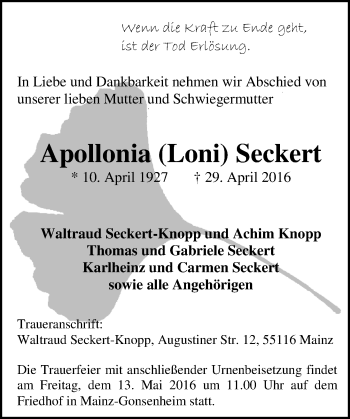 Traueranzeige von Apollonia Seckert von  Allgemeine Zeitung Mainz