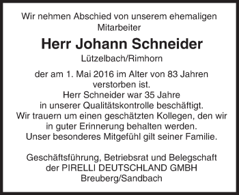 Traueranzeige von Johann Schneider von Trauerportal Echo Online