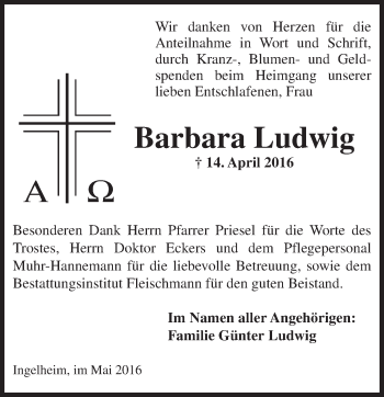 Traueranzeige von Barbara Ludwig von  Allgemeine  Zeitung Ingelheim-Bingen