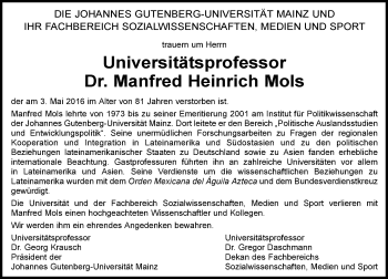 Traueranzeige von Manfred Heinrich Mols von  Allgemeine Zeitung Mainz