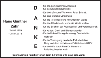 Traueranzeige von Hans Günther Zahn von  Allgemeine Zeitung Alzey
