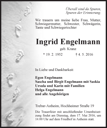 Traueranzeige von Ingrid Engelmann von  Mainspitze