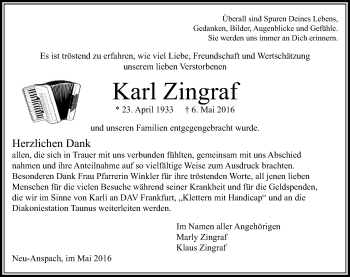 Traueranzeige von Karl Zingraf von  Usinger Anzeiger