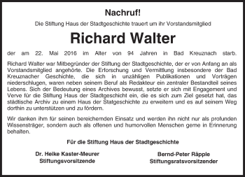 Traueranzeige von Richard Walter von  Allg. Zeitung Bad Kreuznach