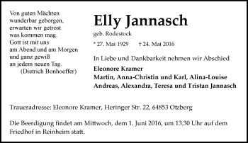Traueranzeige von Elly Jannasch von Trauerportal Echo Online