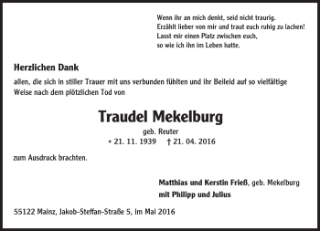 Traueranzeige von Traudel Mekelburg von  Allgemeine Zeitung Mainz